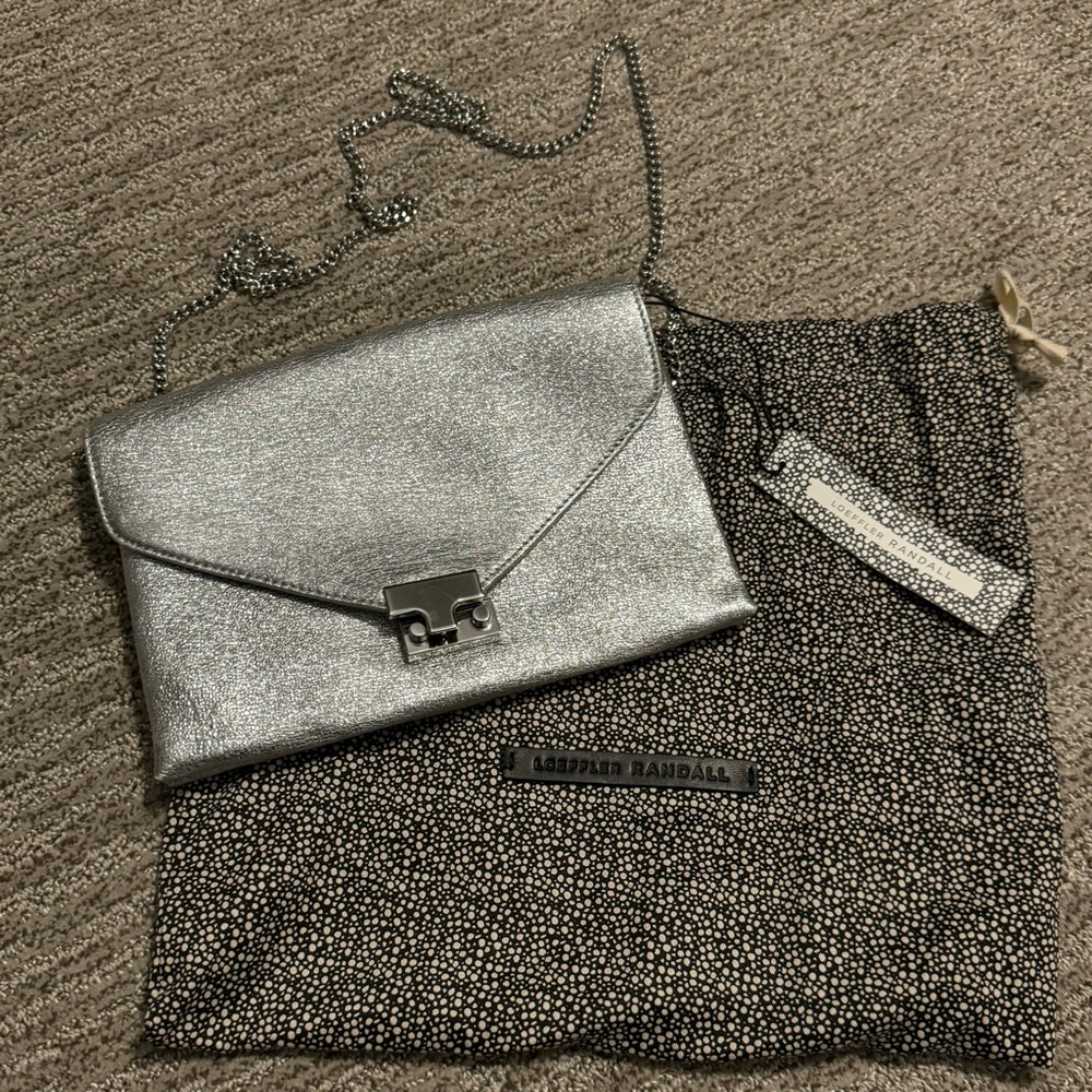 Night out handbag! NWT Loeffler Randall Silver Tab Close Clutch